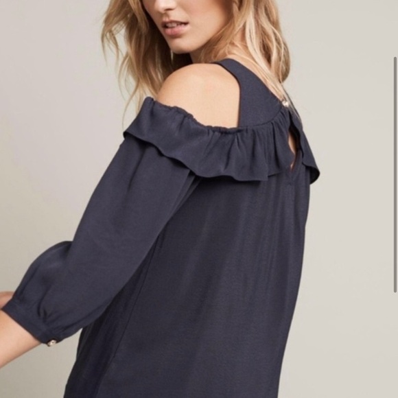 Anthropologie Maeve| Navy Cold Shoulder Ruffle Blouse with Gold Buttons••• - Picture 2 of 12
